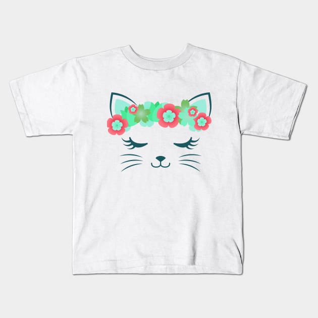 Kawaii cat, kitty kat, flower crown, cute cat, cat party, cat gift, pretty kitty, cat lover, cat collection, cat face Kids T-Shirt by theglaze